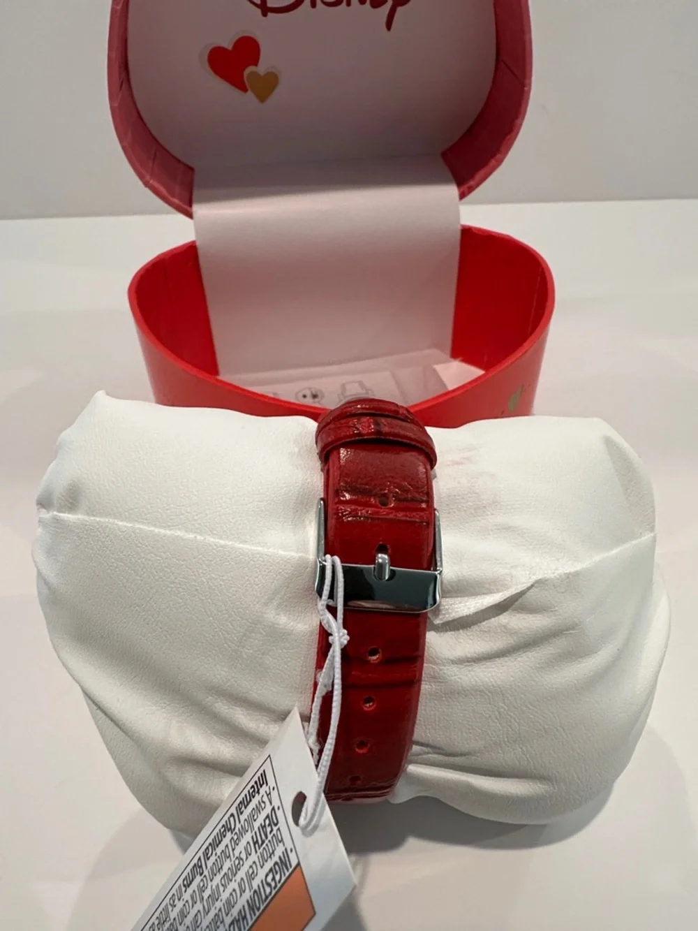 New in Case Disney Mickey & Minnie Mouse Silvertone Crystalized Face w/red band.